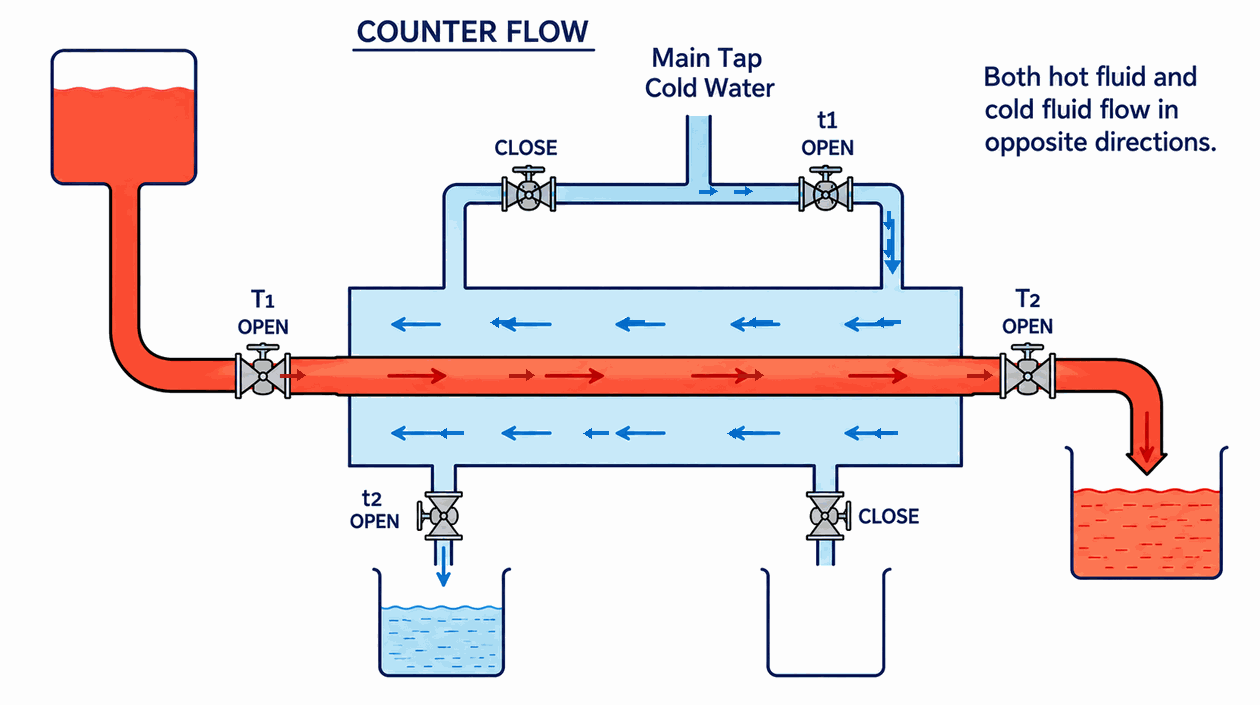 Animated counter-flow heat exchanger apparatus with hot fluid moving right and cold fluid moving left