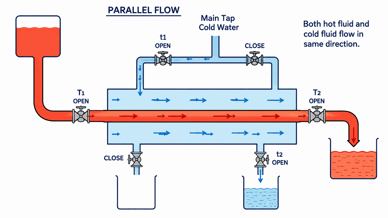 Animated parallel-flow heat exchanger apparatus with hot and cold fluids moving left to right